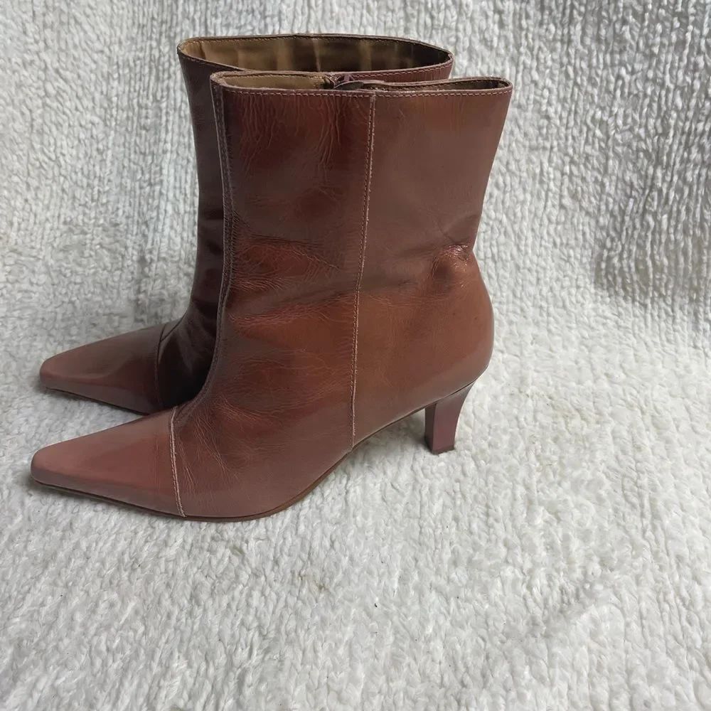 Sandra leather glossy mix of pink & Brown Ankle heels Boots Side zipper SZ 7.5M